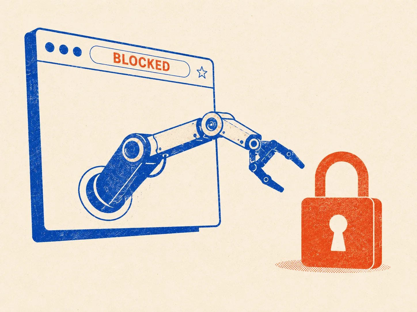 Two-color risograph of a robot arm reaching through a browser window toward a locked padlock