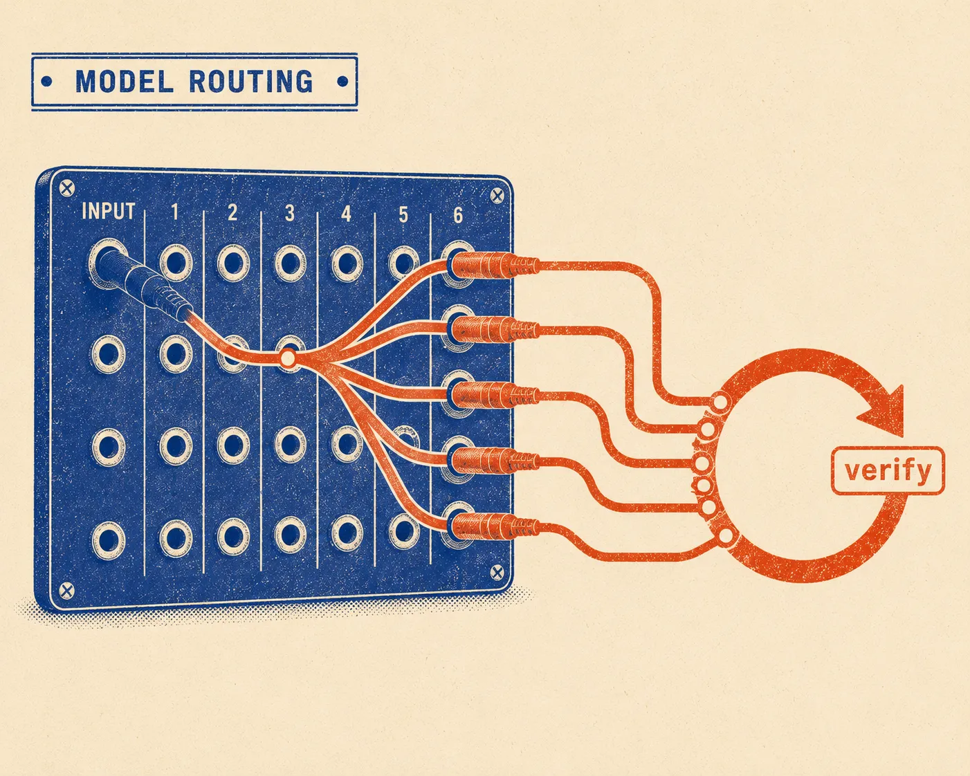 Two-color print of a switchboard routing a coding task down several paths and back into a verification loop