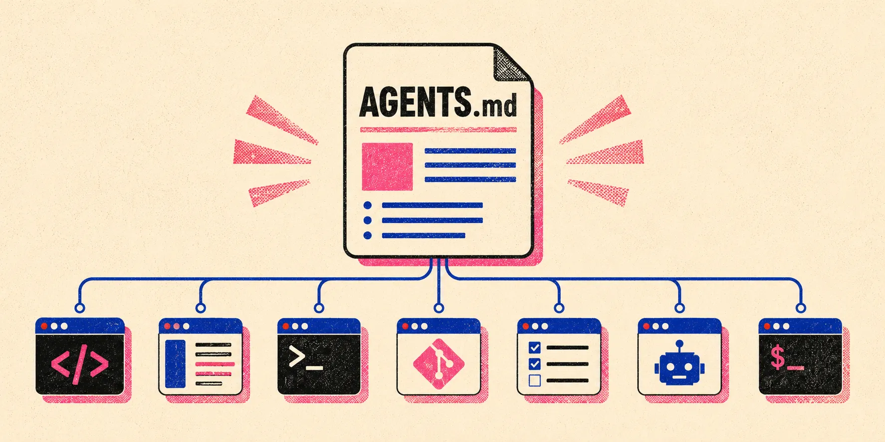 Bold two-color print of a single root AGENTS.md file fanning out to a row of coding tools