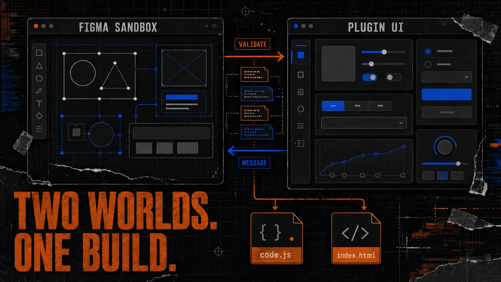 Dark technical collage showing the Figma sandbox and plugin UI connected by validated messages